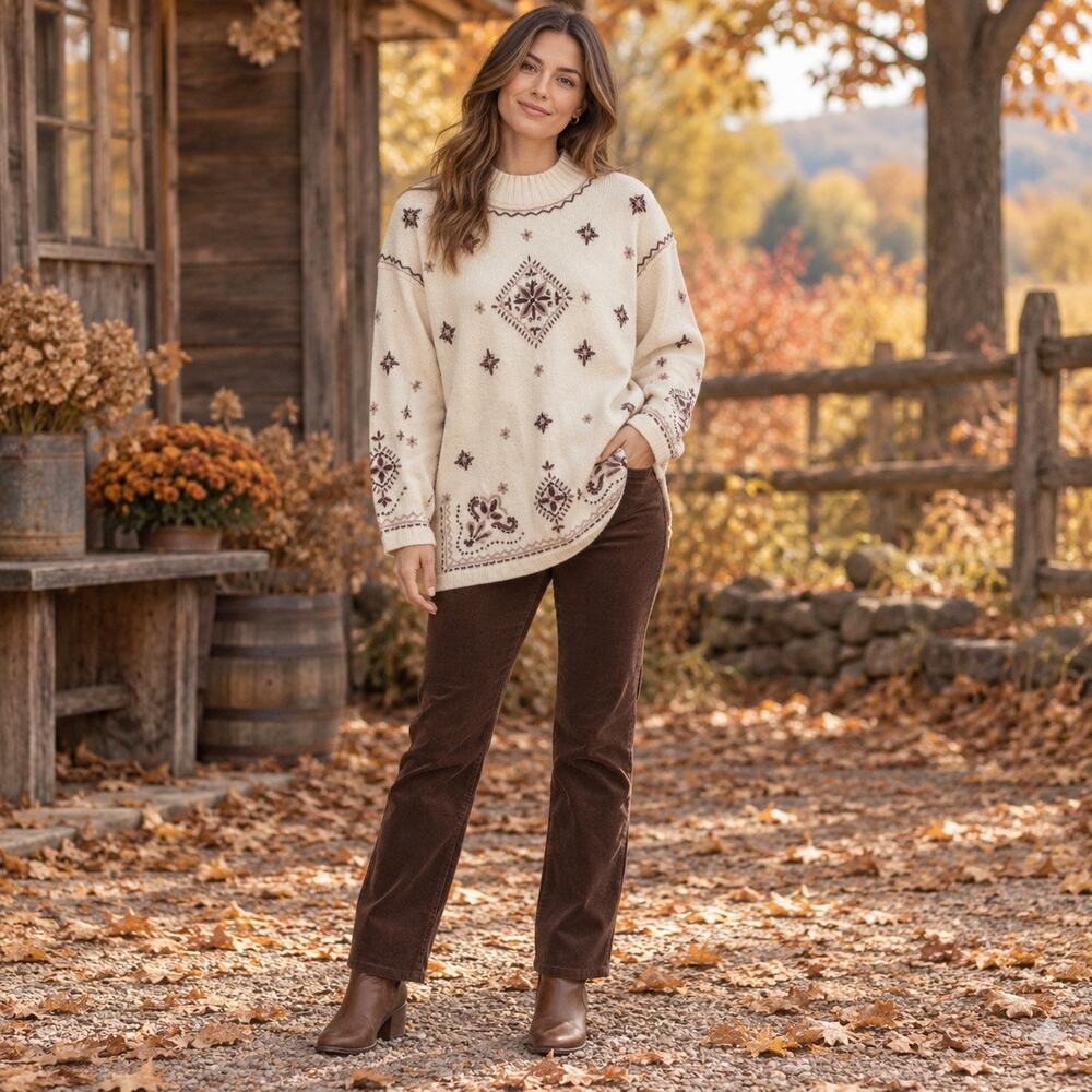 Vintage Cream Purple Knit Sweater Cottage Nordic Women’s Large Mock Neck Fall